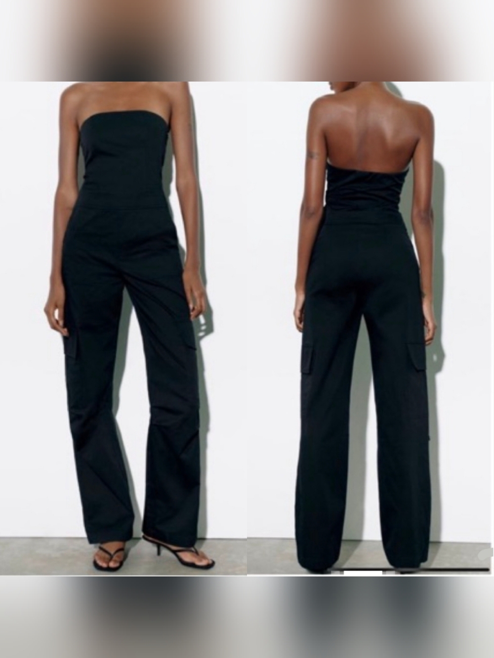 NWT Zara Tube Cargo Jumpsuit 100% Cotton Black Wide Leg L Strapless